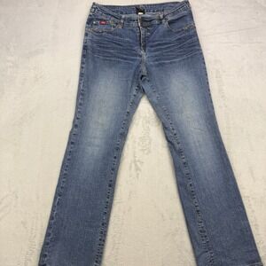 FUBU Jeans Womens W13/14 32/31 Whiskering Straight Leg Embroidered Logo Vintage